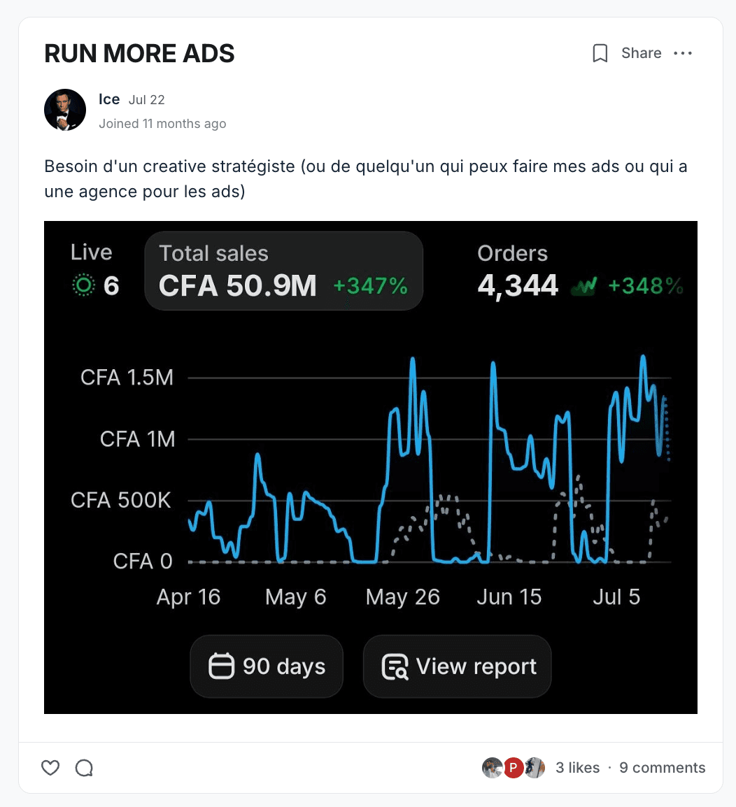 Résultat partagé par un membre du programme (capture 1)