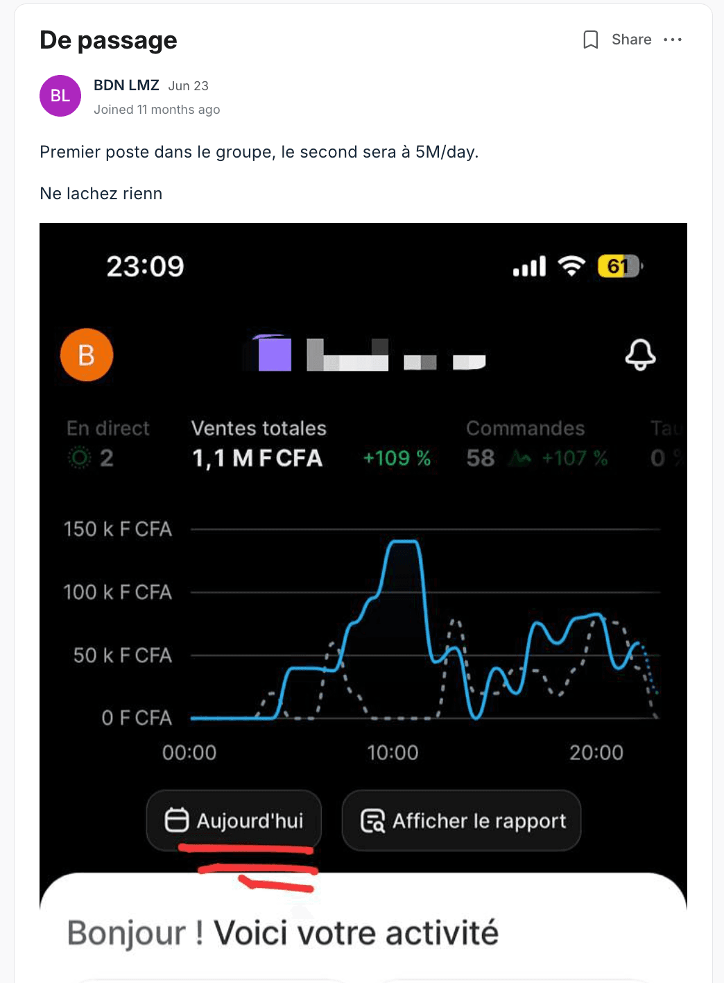Résultat partagé par un membre du programme (capture 3)