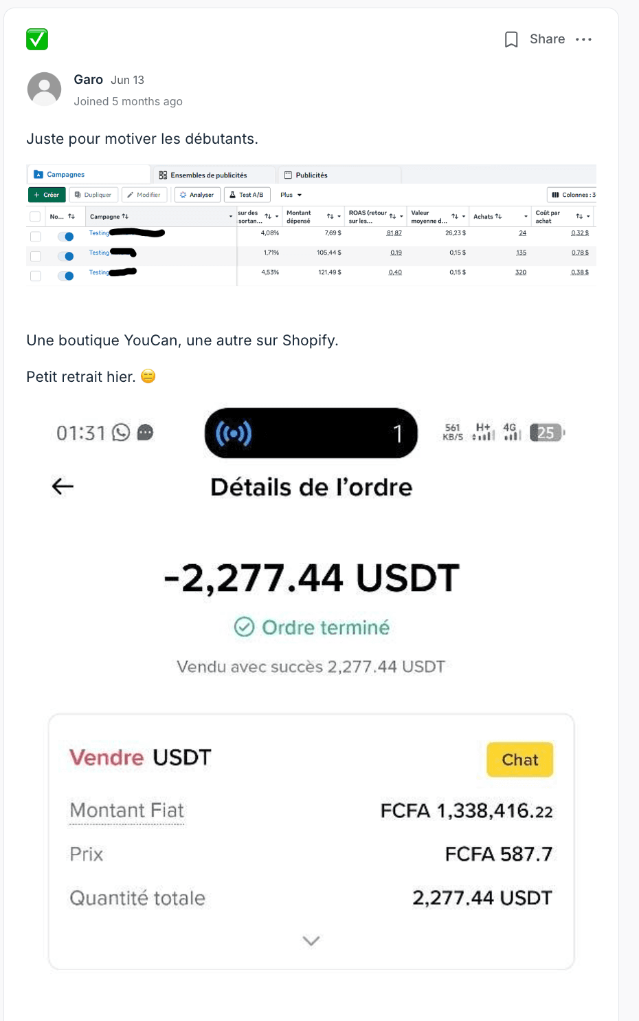 Résultat partagé par un membre du programme (capture 4)