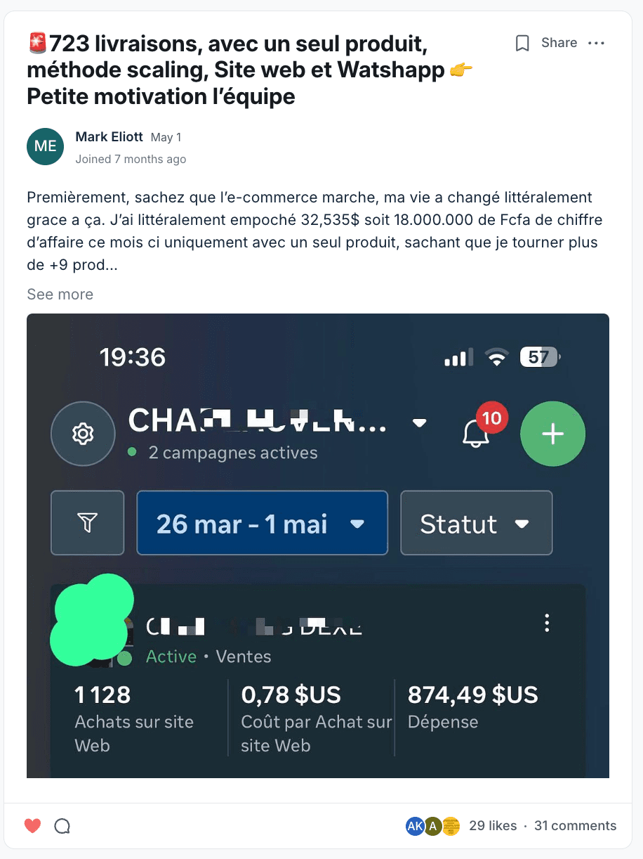 Résultat partagé par un membre du programme (capture 5)