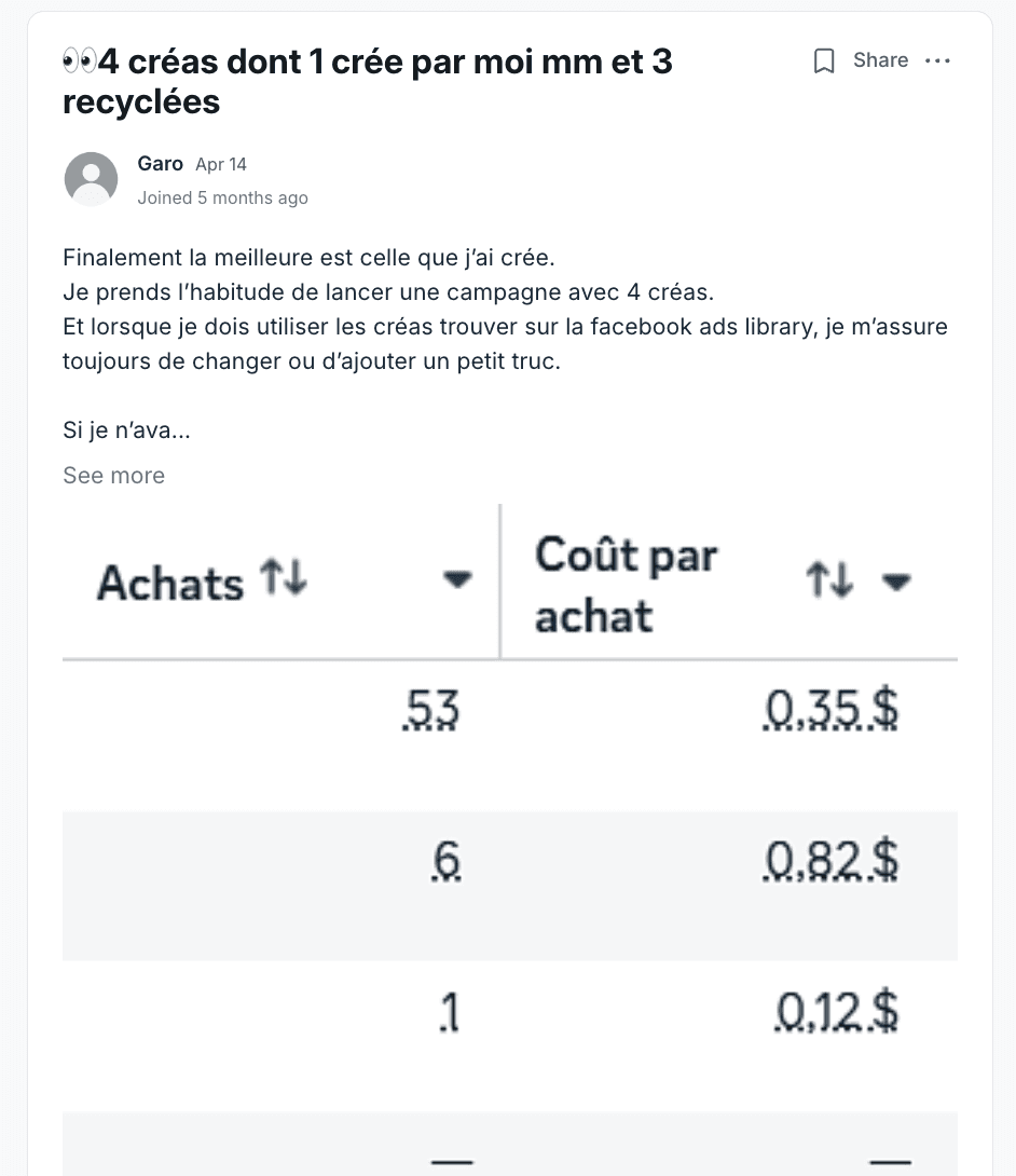 Résultat partagé par un membre du programme (capture 7)