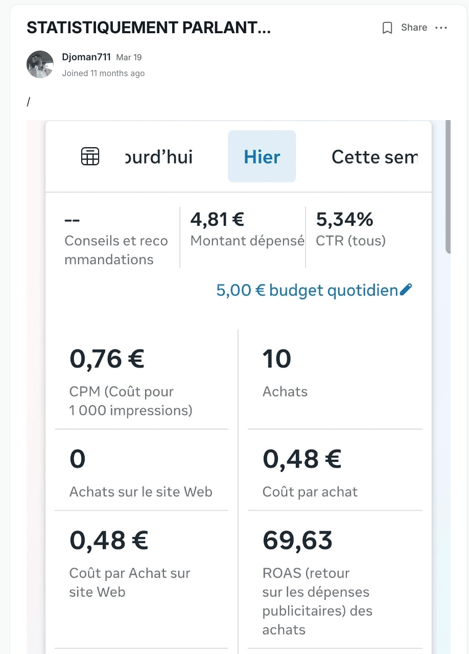 Résultat partagé par un membre du programme (capture 10)