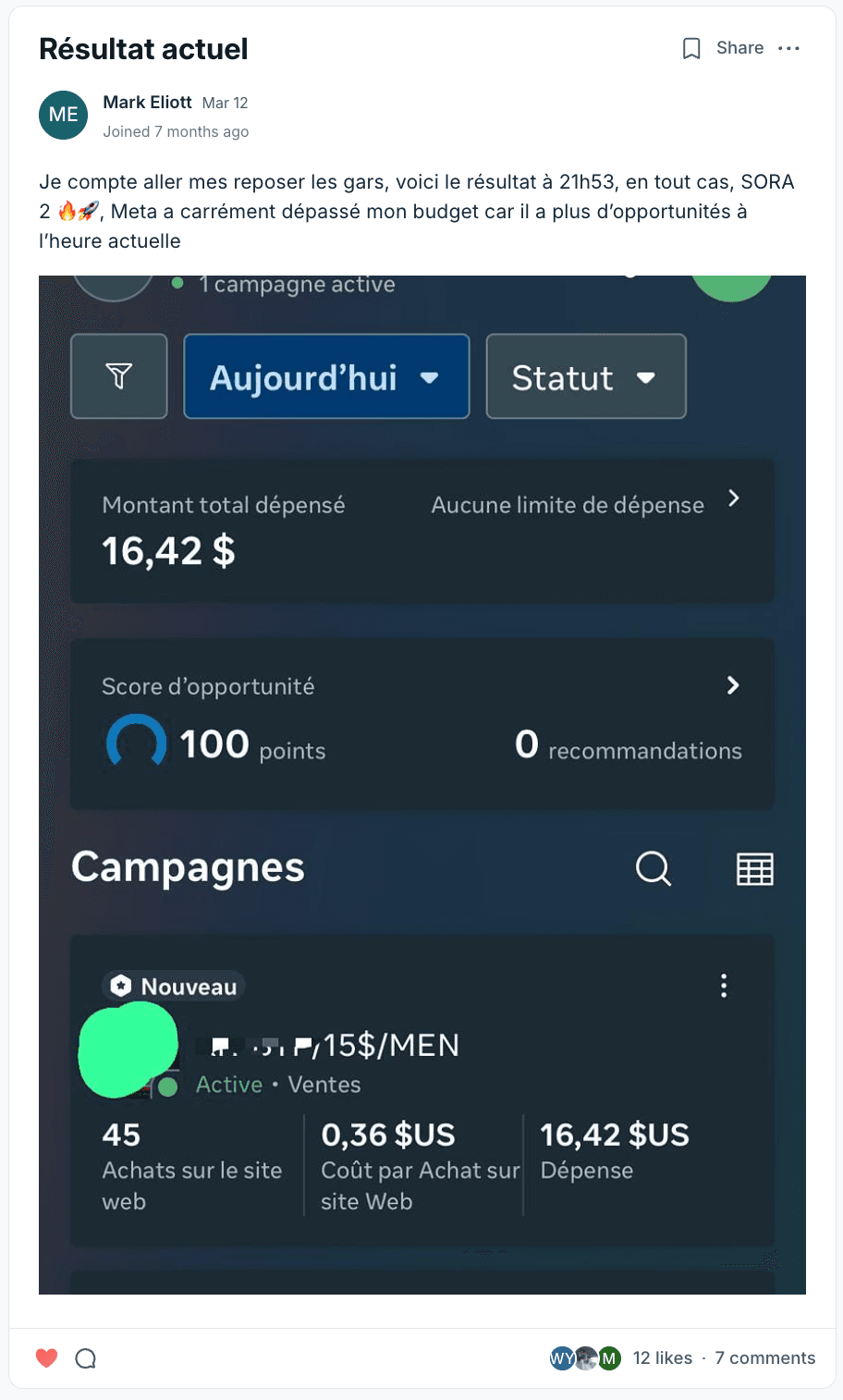 Résultat partagé par un membre du programme (capture 13)
