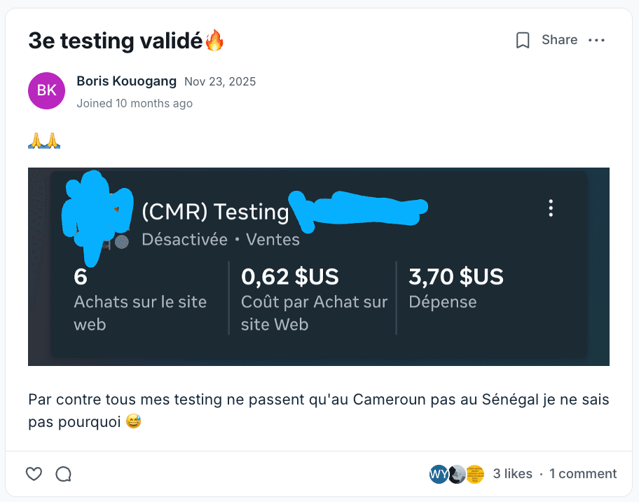 Résultat partagé par un membre du programme (capture 15)